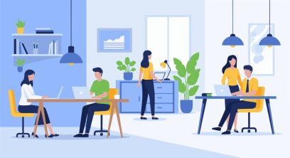 A modern open-plan office with 3 desks where employees hot desk.