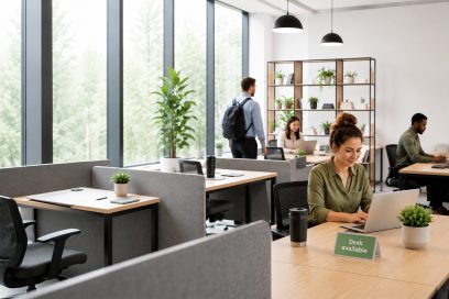 open office space with desks and employees around