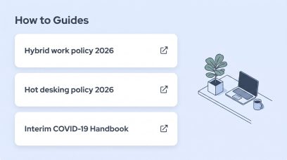 OfficeRnD Workplace How To Guides section with a hot desking policy guide visible to employees.