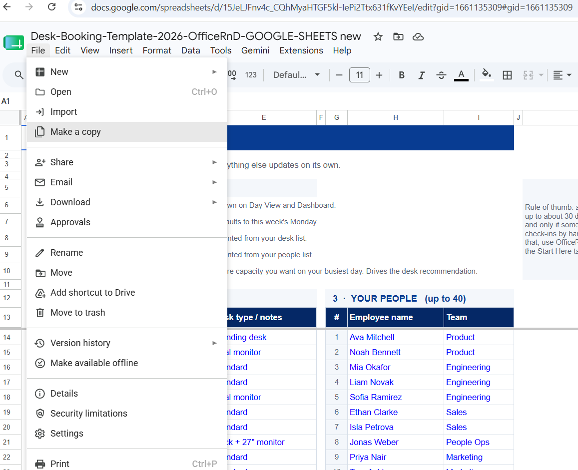 make a copy of the desk booking excel template