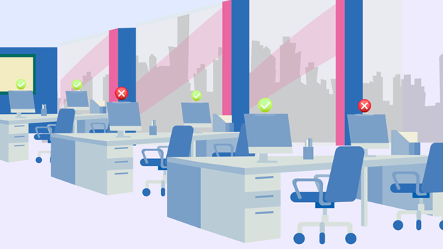 desk seating arrangement in a hybrid work office