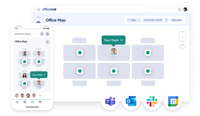 OfficeRnD Workplace desk booking screen showing available desks on an office floor plan.