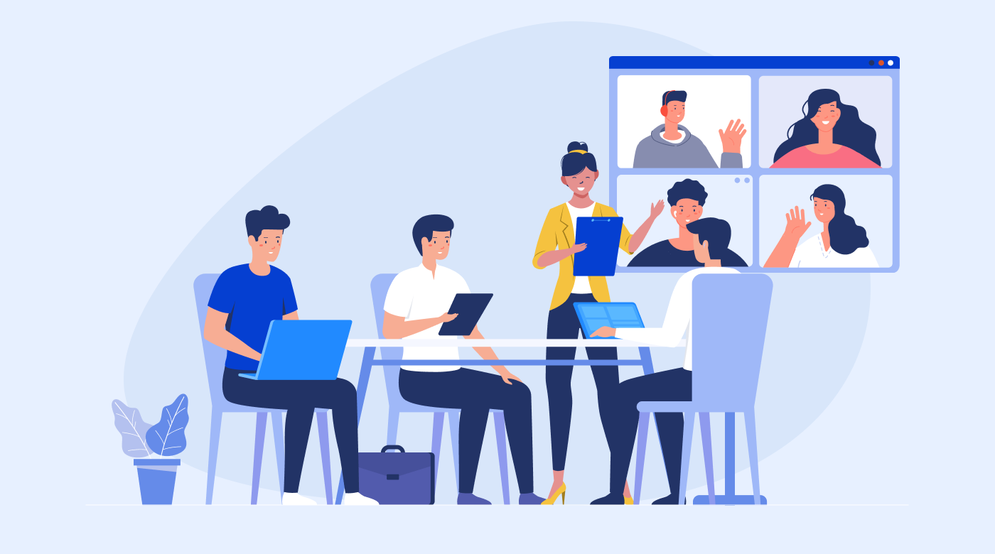 people in a hybrid meeting